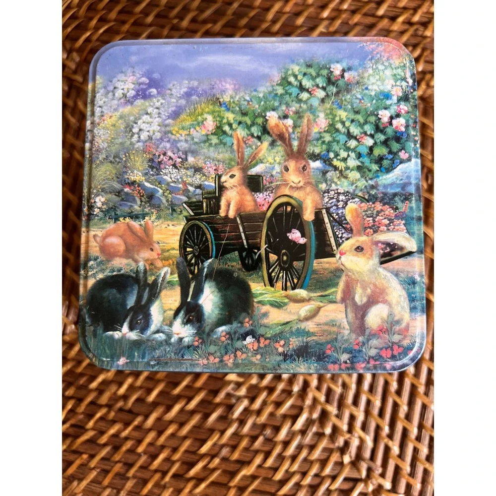 Vintage Rabbit Garden Scene Decorative Metal Tin Storage Box Cottagecore Easter